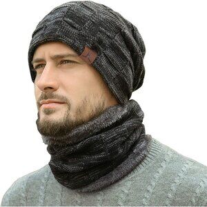 Men's Black Winter Warm Knit Skull Cap Neck Warmer Fleece Lined Hats Scarf Set